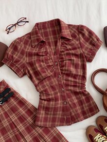 CovetEZ Women's Casual Minimalist Christmas Red Plaid Button-Front Ruched Waist Short Sleeve Blouse, Autumn Top, All-Season Wear, Y2K Style, Vintage Streetwear, Suitable For Daily Commute, Dating, Gathering, Autumn/Winter, Summer, Party, Wedding, Beach, Ideal Choice For Women's Autumn/Winter Clothing And Back To School Season - Burgundy - View 6