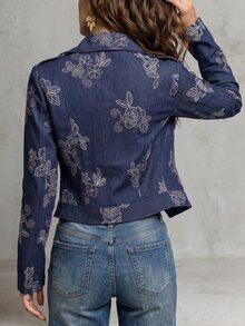 SHEIN 女款新款極簡日常丹寧花卉長袖夾克 秋冬款 - 藍色 - 查看 2