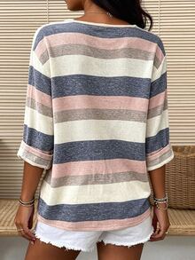 Breezaya 女款休閒拼色條紋上衣，秋季 - 彩色 - 查看 2