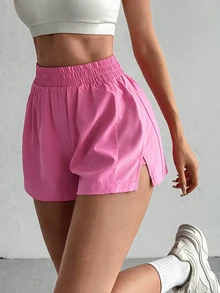 SHEIN Sovereign Charm 純色側開衩休閒運動短褲 - 粉色 - 查看 1