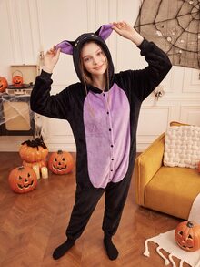 Provexi Provexi Halloween Flannel Black Cat Cartoon One-Piece Pajamas For Women, Hooded Animal Design Loose Fit Loungewear - Black - View 7