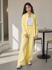 SHEIN 青少年女孩三件套，街頭酷風條紋長袖襯衫、長褲與吊帶背心，適合 - 黃色 - 查看 4