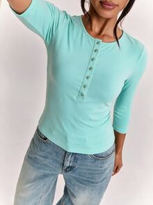SHEIN BAE Women's Solid Color Button Half-Placket 3/4 Sleeve Casual Top Fall Clothes For Women ,Summer, Winter Clothes - Mint Blue - View 3