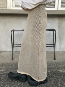 Dazy Tall Rok Rajut Kasual Serbaguna Warna Polos untuk Wanita - Aprikot - View 3
