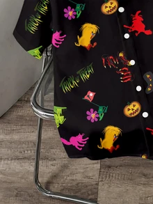LOONEY TUNES X SHEIN Daypath Men's Halloween Pumpkin Pattern Printed Button-Down Shirt - Black - View 4