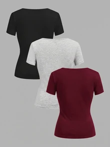 SHEIN EZwear 3件組女款純色V領短袖休閒T恤 - 彩色 - 查看 3