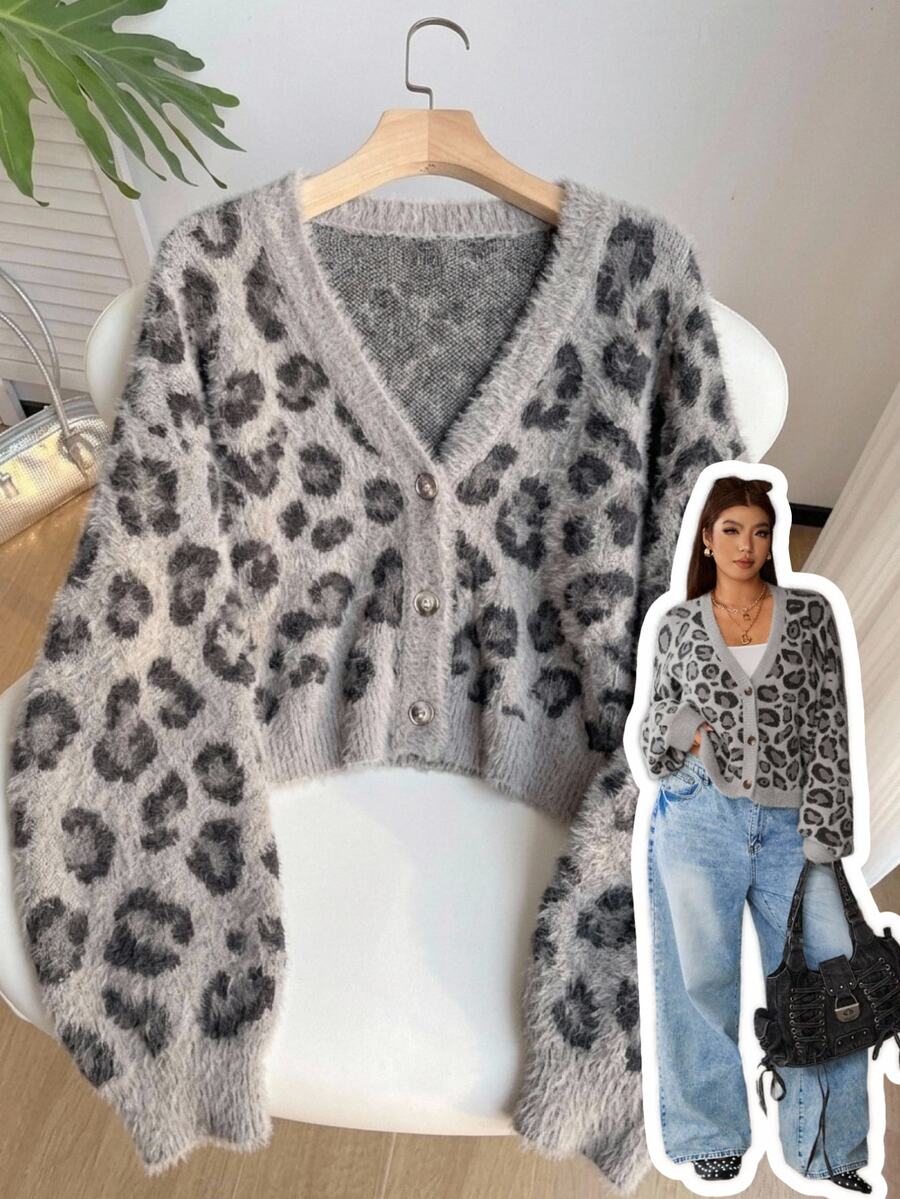 Muchica Plus-Size Knitted Leopard Print V-Neck Long-Sleeved Cardigan Sweater, Suitable For Office Work, Soft Fit For Autumn, Regular Style. - Multicolor - View 1