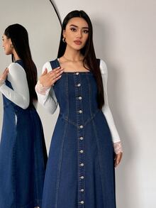 Flexra Early Autumn French Casual Sleeveless Denim Dress, 3D Stitching V-Neck Waist-Cinching Button-Front Vest Dress, Layering Outerwear Slimming Versatile Daily Travel Artistic Style Denim Dress - Dark Wash - View 8