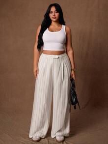 Rustia Plus Size Commuter Street Mid-Waist Custom Linen Pleated Wide Leg Suit Pants, Single Button Waist, Draped Cropped Lyocell Striped Fabric Straight Leg Casual Trousers - White - View 5