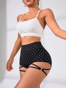 Slayform Seamless Yoga Polka Dot Shorts/Side Strap Design/Fashion Sexy/Versatile - Black - View 5