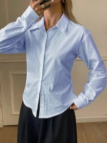 DAZY 女款純色收腰長袖翻領優雅正式春夏襯衫 - 藍色 - 查看 5