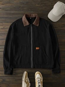 HIMLAND Men's Woven Fitted Regular Shoulder Colorblock Patchwork Long Sleeve Casual Shacket, Suitable For Autumn/Winter Halloween Winter Party Autumn  - Black - View 1
