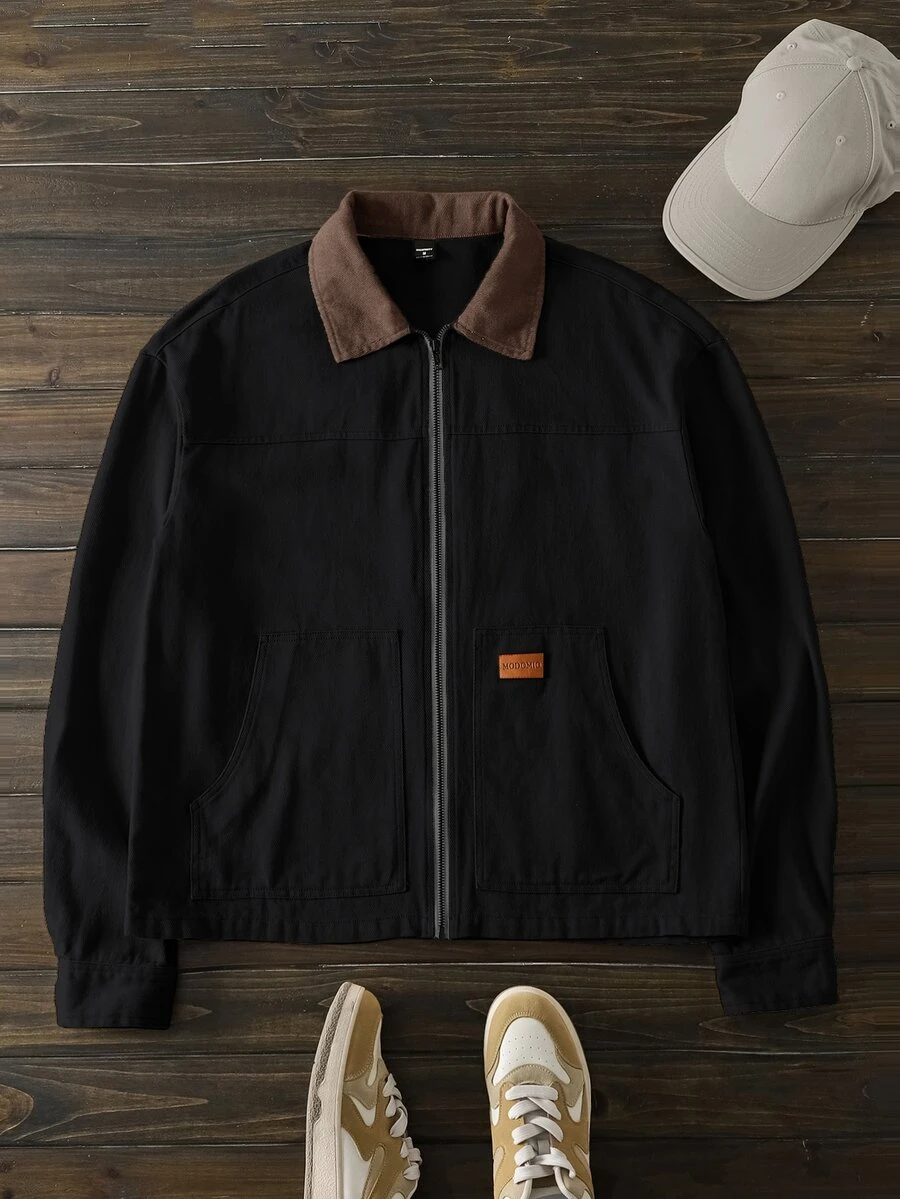 HIMLAND Men's Woven Fitted Regular Shoulder Colorblock Patchwork Long Sleeve Casual Shacket, Suitable For Autumn/Winter Halloween Winter Party Autumn - Black - View 1