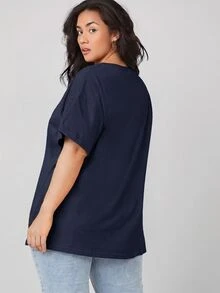 SHEIN BASICS 大尺碼捲袖口純色夏季上衣 - 藏蓝色 - 查看 2