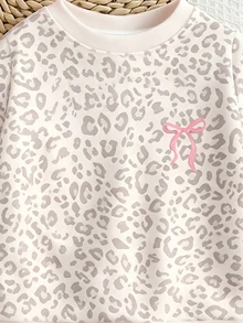 SHEIN Playful Pals 女童時尚高級白色豹紋拼色蝴蝶結圖案基本款圓領運動衫 生日/秋季/仙女公主/萬聖節 - 彩色 - 查看 5