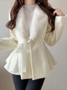 FRIFUL Women's Solid Color Fur Collar Long Sleeve Waist Tie Elegant Overcoat Fall - Beige - View 6