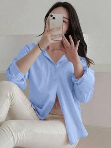 DAZY 女款寬鬆素色單排扣休閒襯衫 - 藍色 - 查看 4