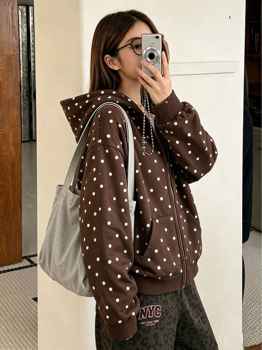 SHEIN 少女花卉蝴蝶結印花雙層連帽前開襟拉鍊寬鬆外套 返校風 - 棕色 - 查看 1