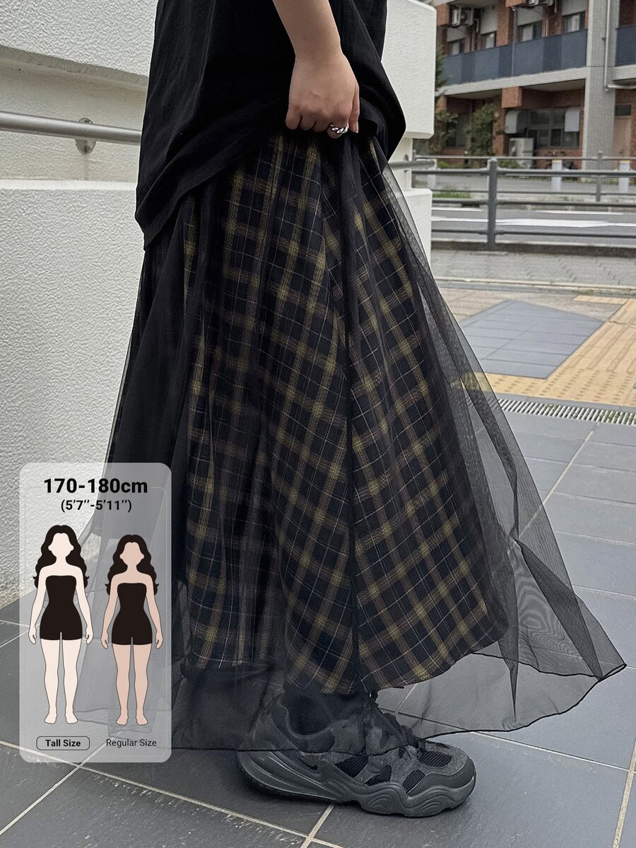 Dazy Tall Women's Plaid Mesh Patchwork Long Street Casual Skirt - Black - View 1