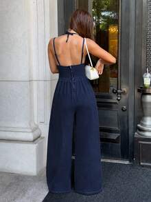 SHEIN PETITE 女款百褶休閒日常穿著牛仔寬腿連身褲 - 深色水洗藍 - 查看 2
