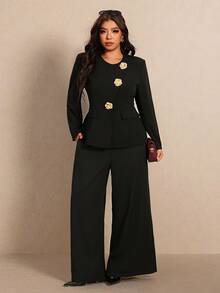Elaquor Plus Size Women's Metal 3D Flower Button Long Sleeve Elegant Blazer Elegant Suit Women Fall/Winter Elegant Office Business Work Suit Set For Women - Black - View 6