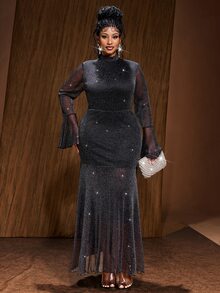 Maweii Plus Size Black Silver Thread High Neck Bell Sleeve Sexy Fitted Evening Dress Fall - Black - View 6