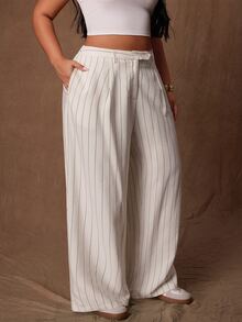 Rustia Plus Size Commuter Street Mid-Waist Custom Linen Pleated Wide Leg Suit Pants, Single Button Waist, Draped Cropped Lyocell Striped Fabric Straight Leg Casual Trousers - White - View 4
