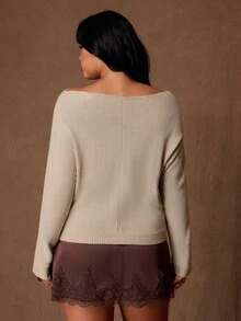 Rustia Sweater Lengan Panjang Wanita Ukuran Besar Warna Polos Kasual Serbaguna untuk Pemakaian Sehari-hari di Musim Dingin - Aprikot - View 5