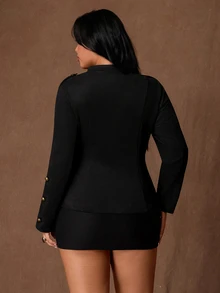 Rustia Plus Size Women's Napoleon Jacket Black Casual Early Autumn Fall - Black - View 3