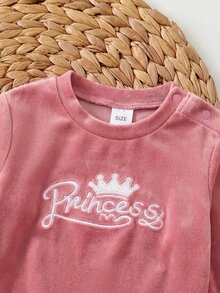 SHEIN 新生兒粉色天鵝絨公主運動衫與慢跑褲套裝，柔軟舒適兩件式套裝 - 粉色 - 查看 3