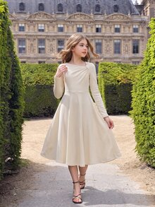 SHEIN Tween Girl Fall Dresses Casual Comfortable Elegant Elegant Lady Solid Color Asymmetric Collar Long Sleeve Ribbed Mid-Length Dress For Party - Apricot - View 1