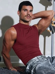 FeverCity Men's Solid Color Pleated Slim Fit Casual Versatile Tank Top - Red - View 6