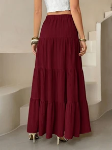 SHEIN Tall Rok Liburan Kasual Warna Polos untuk Wanita - Burgundy - View 2