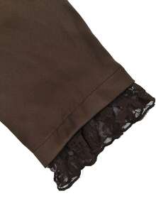 GlowEve CURVE Plus Size Women's Woven Regular Fit Autumn/Winter Elegant Commute Date Lady Professional Metal Square Buckle Cuff Lace Blazer And Side Ruffle Lace Skirt 2-Piece Set In Chocolate Brown - Chocolate Brown - View 3