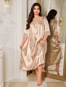 MuseNap CURVE Collar Button Lace Trim Patchwork Elegant Floral Print Faux Silk Plus Size Nightgown - Multicolor - View 4