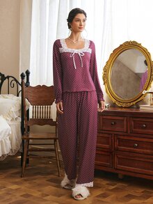 Côtesoire Set Piyama Wanita Motif Polkadot Romantis Prancis dengan Warna Kontras dan Patchwork Renda, Lengan Panjang dan Celana Panjang - Burgundy - View 3