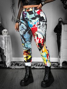 Whyspr Harley Quinn X SHEIN Plus Size Women's All-Over Print Casual Daily Tight Leggings - Multicolor - View 3
