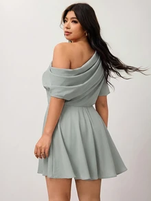 Enliva 大尺碼女款休閒通勤純色不對稱領口收腰傘裙洋裝，夏季純色優雅洋裝，薄荷綠洋裝，婚禮賓客洋裝，春季女裝 - 薄荷綠 - 查看 3
