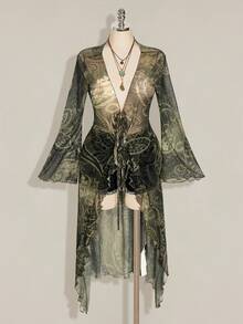SHEIN ICON 女款大尺碼佩斯利印花前綁帶喇叭袖上衣 - 軍綠色 - 查看 3