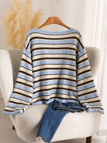 CosyJoli Vintage Dressy Blue Brown Colorblock Striped Long Sleeve Versatile Casual Sweater Formal Vacation Autumn Winter, Fall/Winter, Thanksgiving, New Year - Blue - View 3