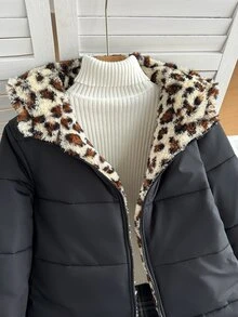 SHEIN 青少年女孩冬季中長款長袖加厚棉襖，內裡刷毛，人造毛領帽，保暖舒適，純色時尚日常秋季穿搭外套 - 黑色 - 查看 5