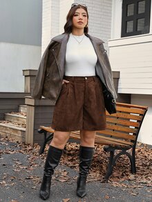 SHEIN LUNE Plus Size Casual Versatile Pocket Button Shorts For Daily Wear - Coffee Brown - View 6