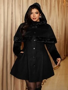 Reflora Plus Size Women Solid Color Patchwork Faux Fur Cape Overcoat Black Autumn Elegante - Black - View 7