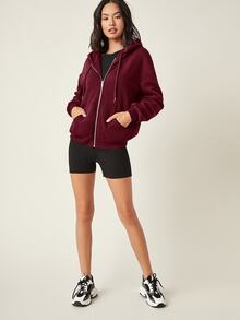 SHEIN BASICS 舒適抓絨落肩拉鍊連帽衛衣，秋冬長袖上衣 - 酒紅色 - 查看 7