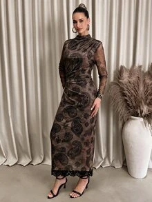 Lavishia 女款黑色與咖啡色抽象印花修身長袖高領洋裝 - 咖啡棕 - 查看 8