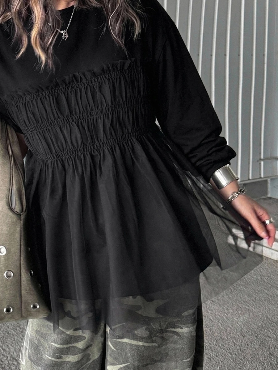 Dazy Plus Solid Color Contrast Mesh Doll Blouse Cute Pullover Short Sleeve T-Shirt Spring Summer Autumn - Black - View 1