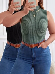 SHEIN Frenchy 大尺碼女款素色羅紋立領修身休閒百搭背心 - 彩色 - 查看 1