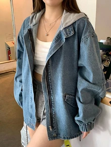 Dazy Plus Hooded Colorblock Korean Style Washed Denim Jacket And Outerwear, Spring/Autumn New Arrival For Girls - Medium Wash - View 1