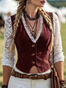 SHEIN LilyWest Women's Western Style Single-Breasted V-Neck Vest Jacket - Burgundy - View 1