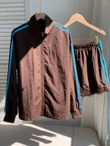 Comfortcana 女款側條紋長袖夾克與短褲休閒兩件套 - 彩色 - 查看 5